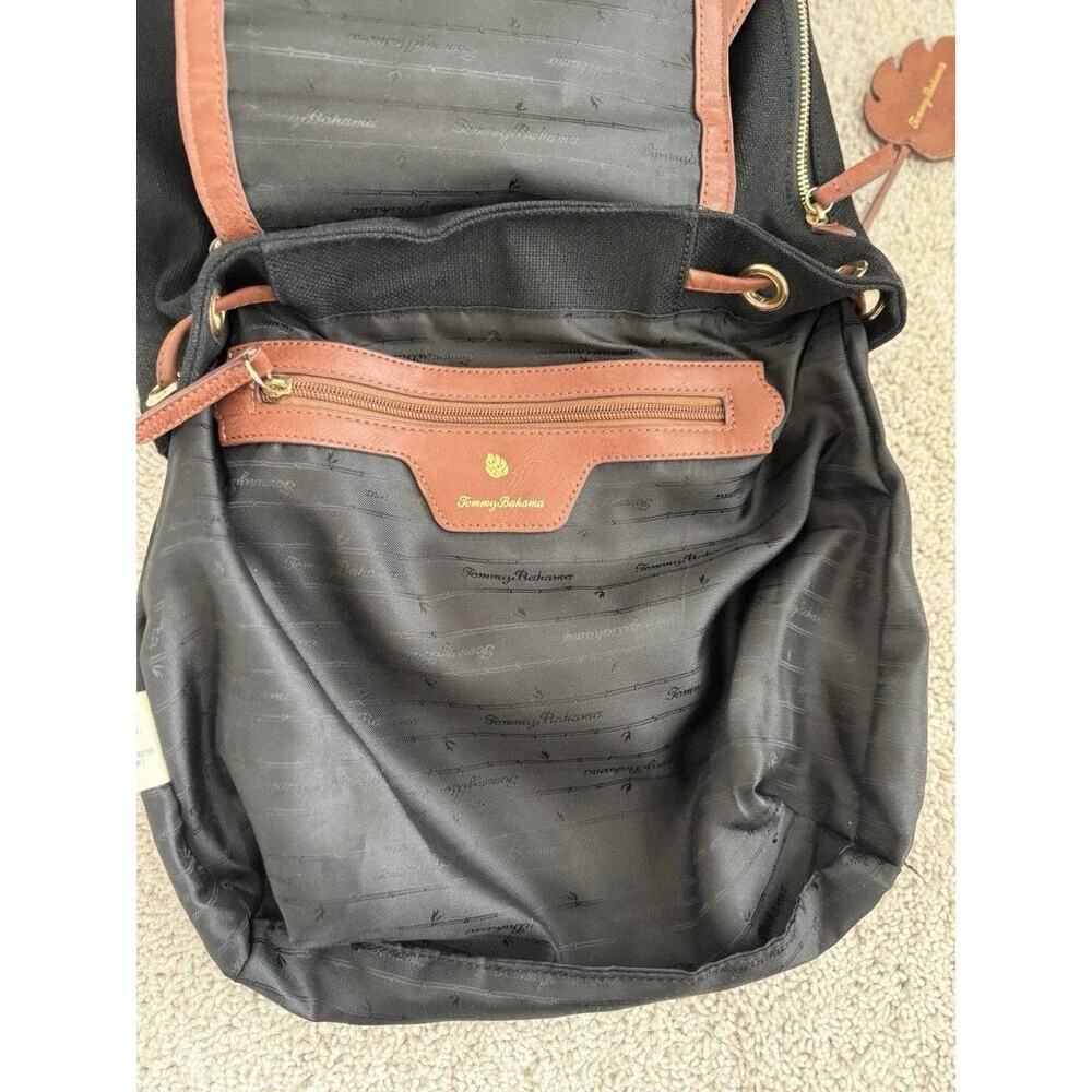 Tommy Bahama Koki Beach Backpack 13x11x4 Linen Cotton Black Mixed Media‎ Pockets